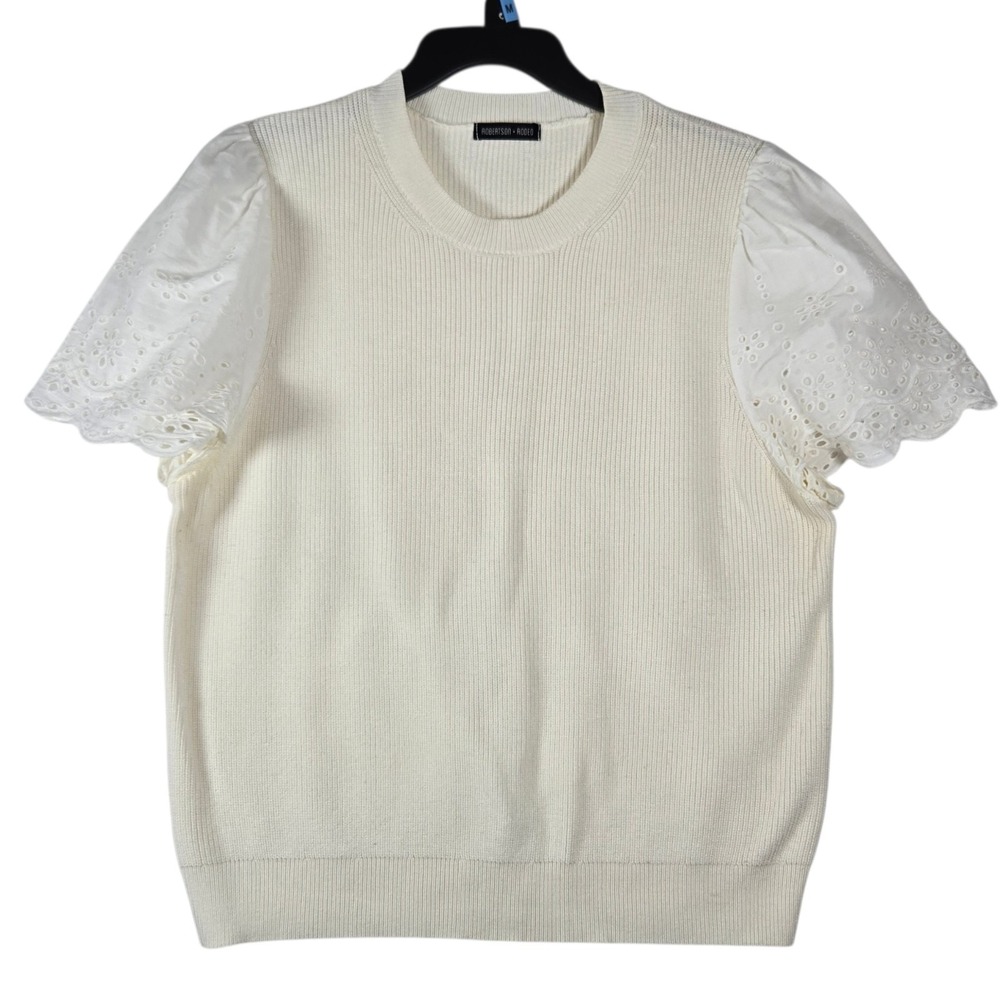 Robertson + Rodeo Knit Top Womens Medium Ivory White Eyelet Lace Short Sleeves